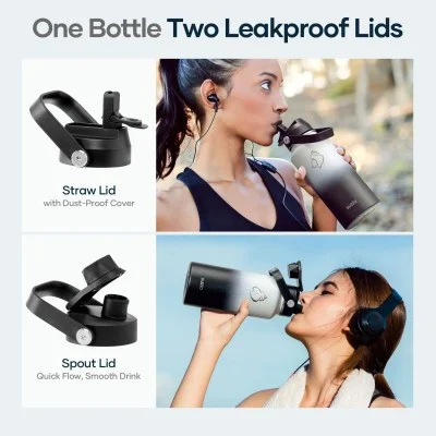 Buzio Duet Series Water Bottle with 2 Lids and Sleeve 1L - Black White